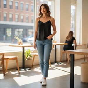 Mango Black Lace Satin Camisole Top Sleeveless V-Neck Lingerie Style Top Size S